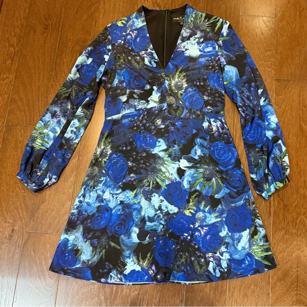Needle & Thread Floral Blue and Black Long Sleeve Dress 8